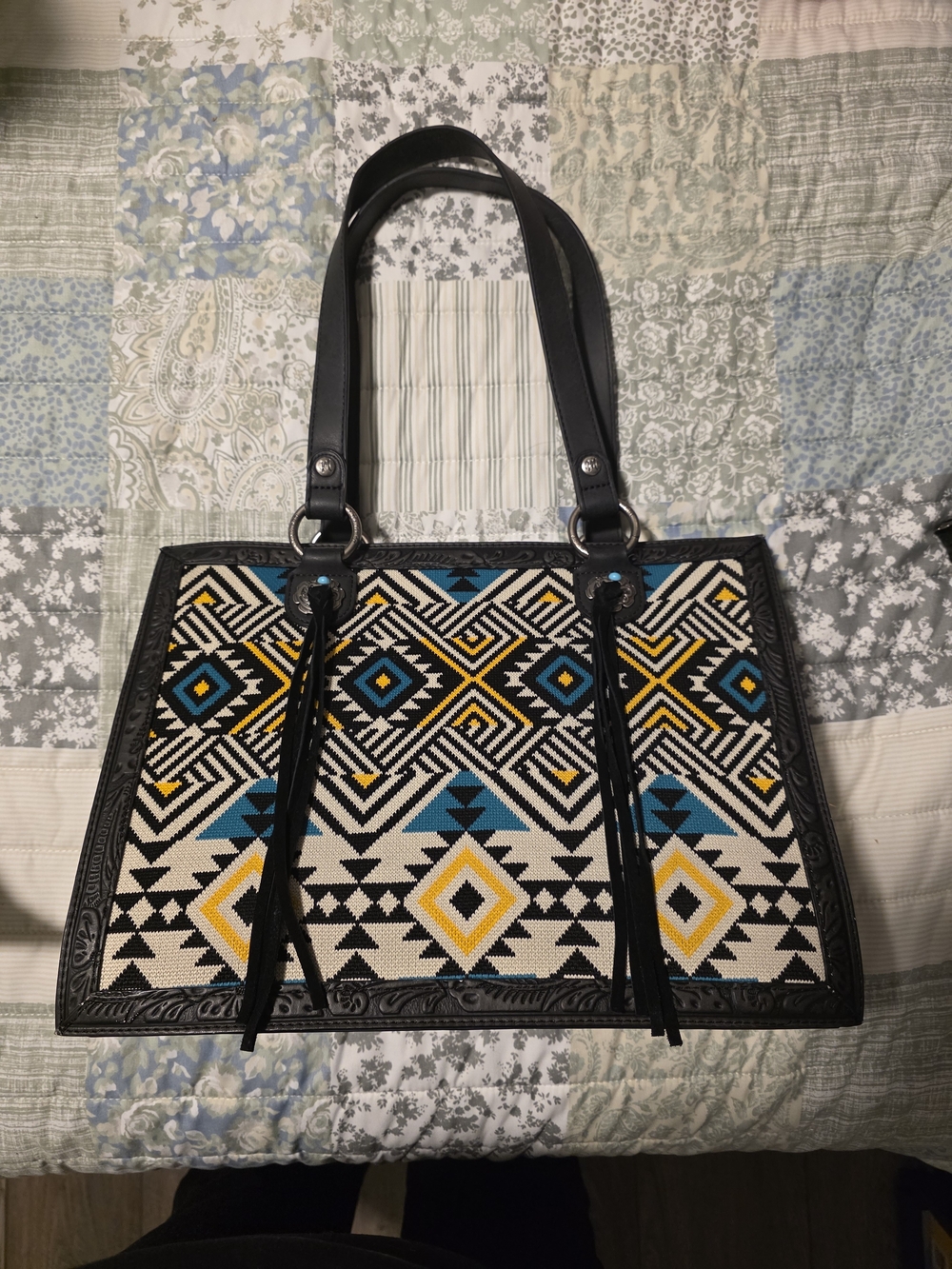Geometric Aztec Tote Bag in Black, Yellow & Teal